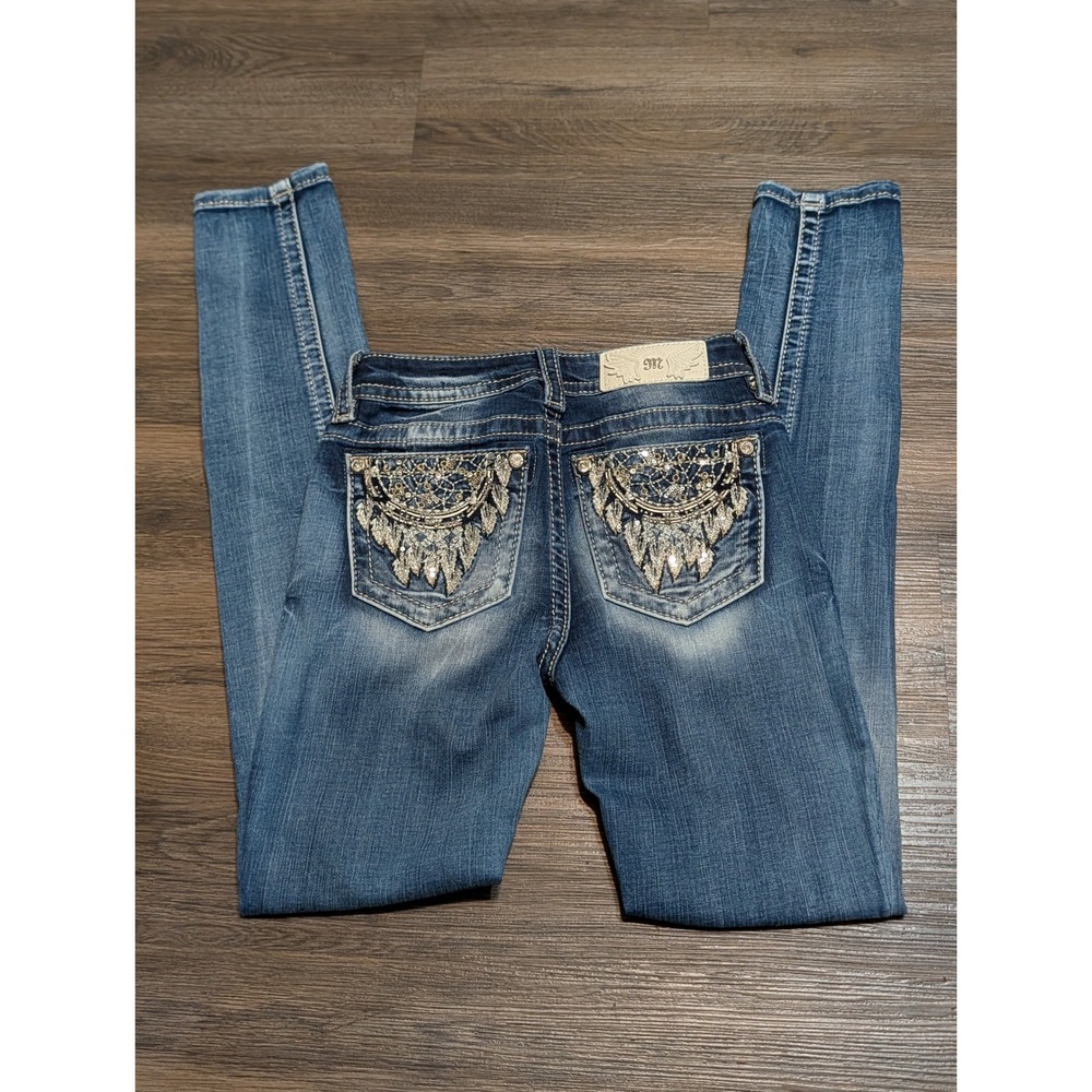 Miss Me Skinny Jeans Womens 24 Mid Rise Medium Wash Embellished Rhinestone Wing